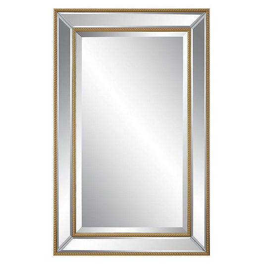 32 Inch Wood Wall Mirror, Beveled Mirror Frame, Gold By Casagear Home