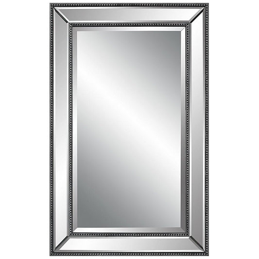 32 Inch Wood Wall Mirror, Beveled Mirror Frame, Silver By Casagear Home