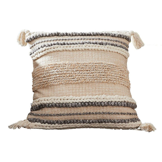 18 Inch Textured Decorative Throw Pillow Cover, Tassels, Beige, Gray Fabric By Casagear Home