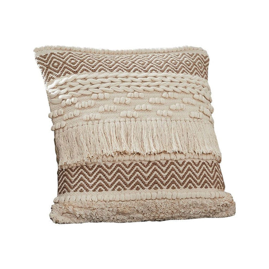 18 Inch Decorative Throw Pillow Cover, Fringes, Braids, Beige Fabric By Casagear Home