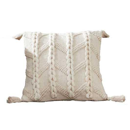 18 Inch Decorative Throw Pillow Cover, Braided Design, Tassels, Cream By Casagear Home