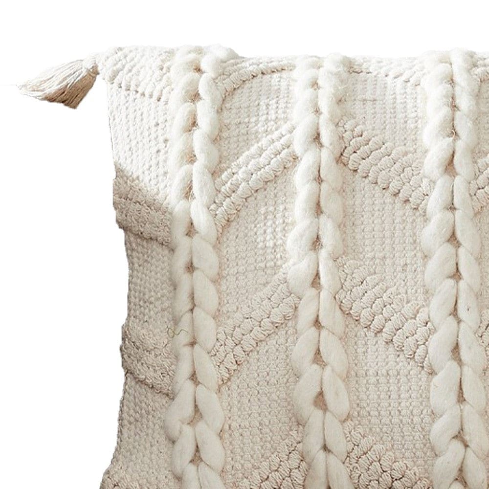 18 Inch Decorative Throw Pillow Cover Braided Design Tassels Cream By Casagear Home BM276708