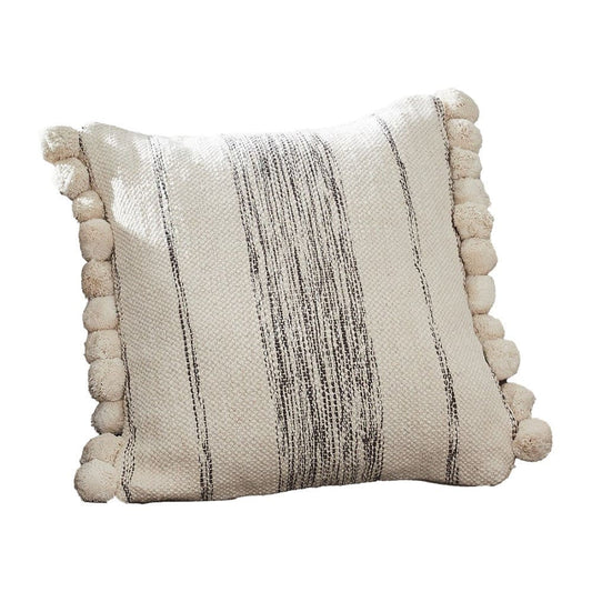 18 Inch Decorative Throw Pillow Cover, Textured, Pom Pom Edges, Cream By Casagear Home