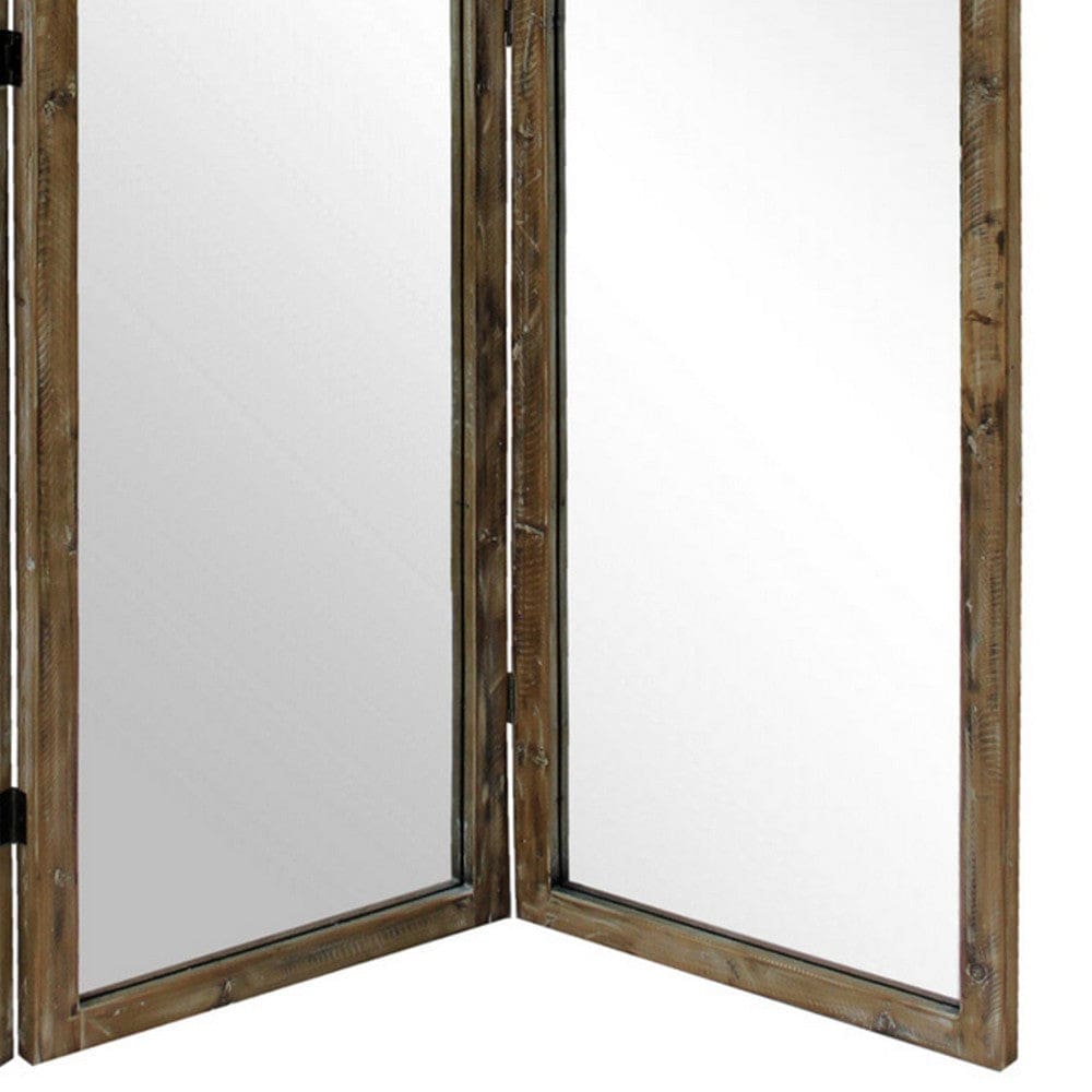 70 Inch 3 Panel Mirror Room Divider Wood Frame Distressed Brown By Casagear Home BM276717