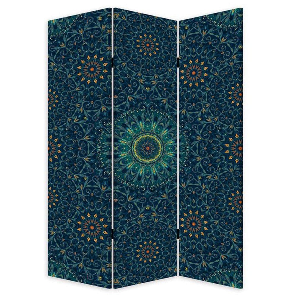 72 Inch 3 Panel Canvas Foldable Room Divider, Bohemian Design, Teal Blue By Casagear Home