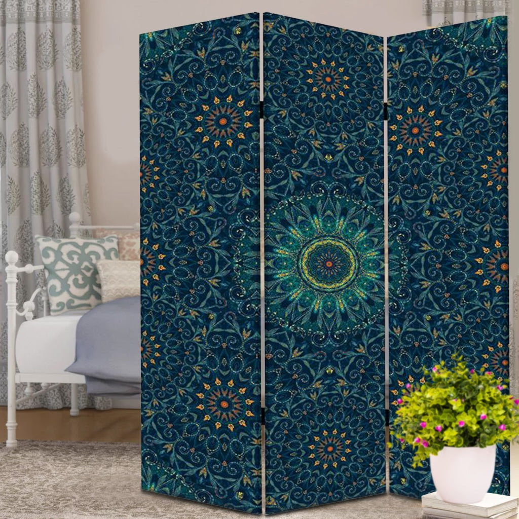 72 Inch 3 Panel Canvas Foldable Room Divider, Bohemian Design, Teal Blue By Casagear Home