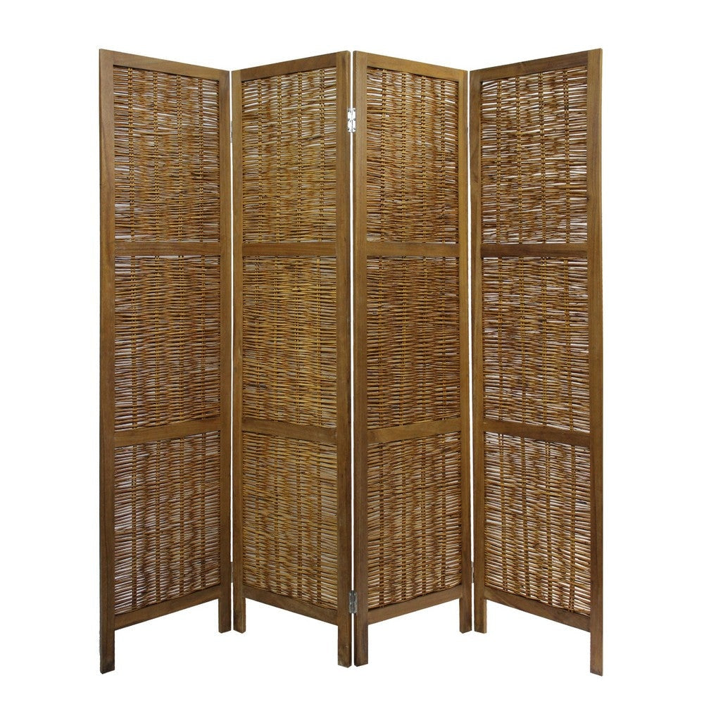 Room Divider | 68" | 4 Panel | Willow Weave | Cottage Style | Brown