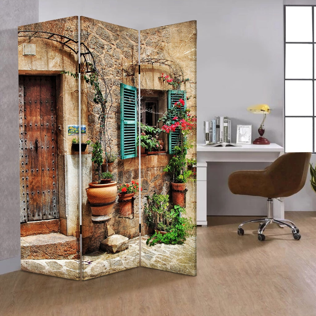 72 Inch 3 Panel Canvas Room Divider, Streets, Flowers, Plants, Multicolor By Casagear Home