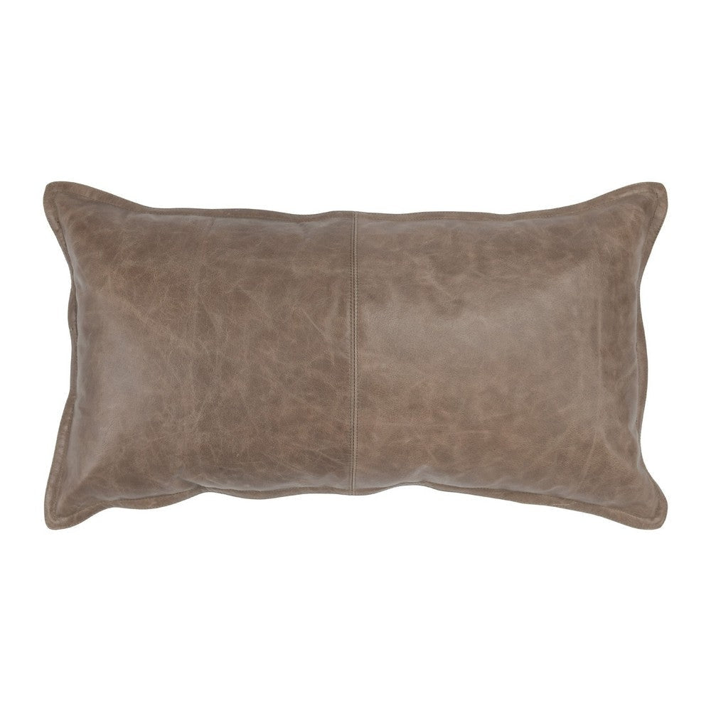 Norm 26 Inch Leather Decorative Lumbar Throw Pillow, Stitched, Taupe Brown By Casagear Home