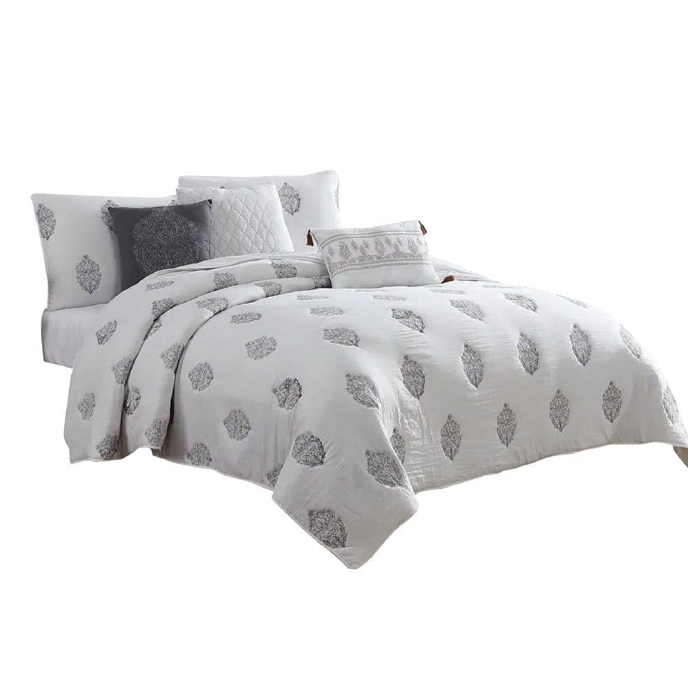 Tyler 6 Piece Queen Comforter Set, Damask Design, White By Casagear Home