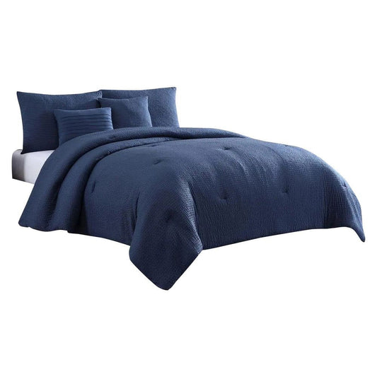 Alice 5 Piece Queen Comforter Set, Textured,  Navy Blue By Casagear Home