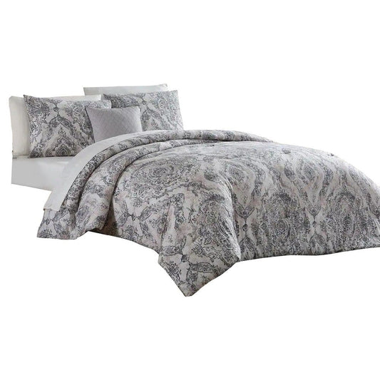 Lance 8 Piece Queen Bed Set, Damask Print, White, Gray By Casagear Home