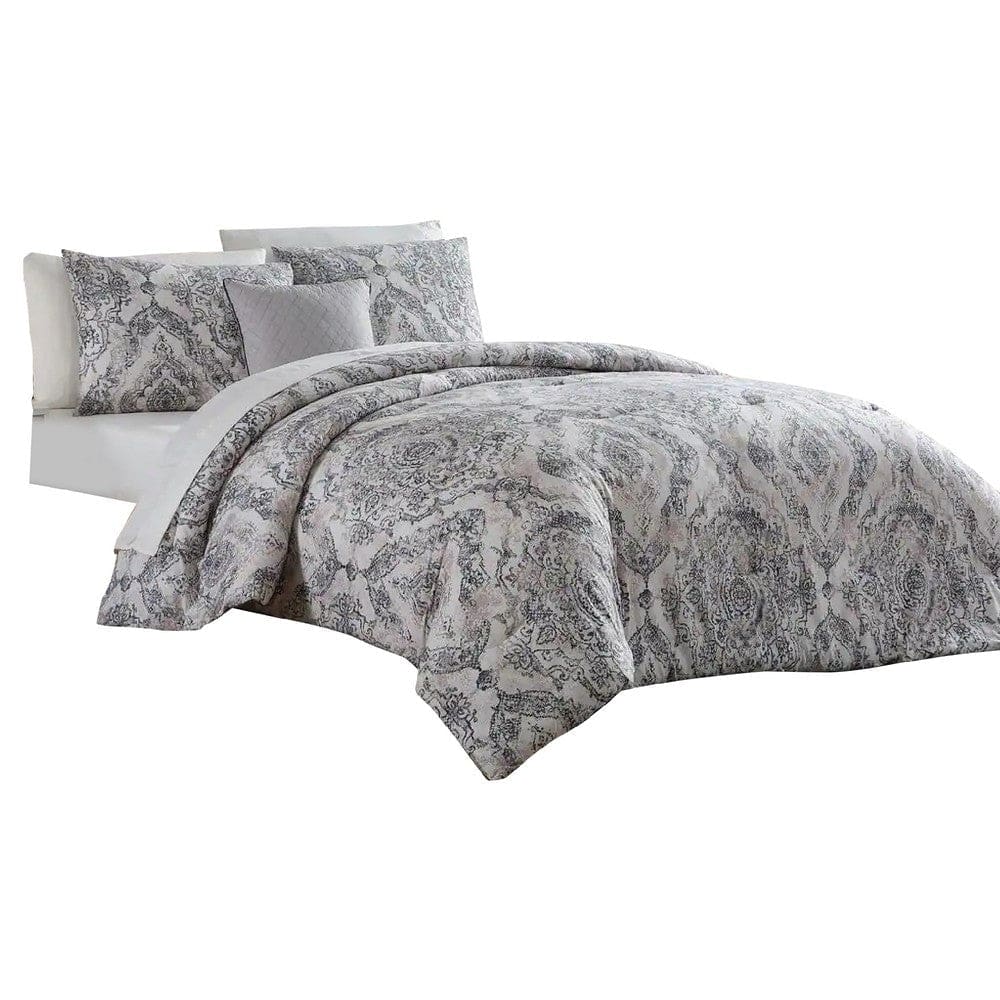 Lance 8 Piece King Bed Set, Damask Print, White, Gray By Casagear Home
