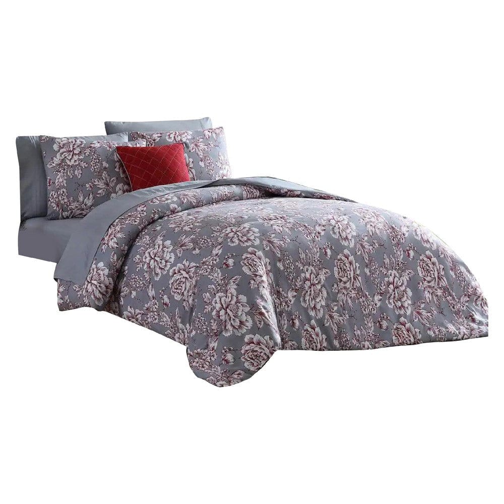 Tyler 8 Piece Microfiber Queen Bed Set, Floral Print, The Urban Port, Gray By Casagear Home