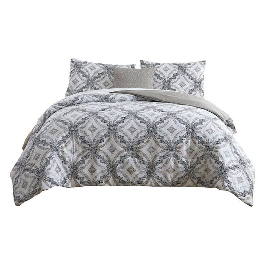Owen 8 Piece Queen Bed Set, Quatrefoil Print,, White, Gray By Casagear Home