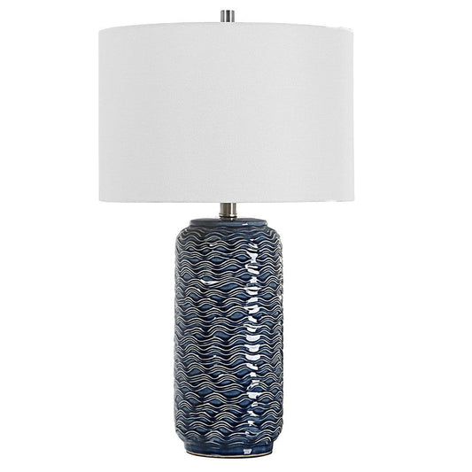 27 Inch Ceramic Table Lamp, Wavy Texture, Blue, Silver, White By Casagear Home