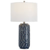 27 Inch Ceramic Table Lamp Wavy Texture Blue Silver White By Casagear Home BM277028
