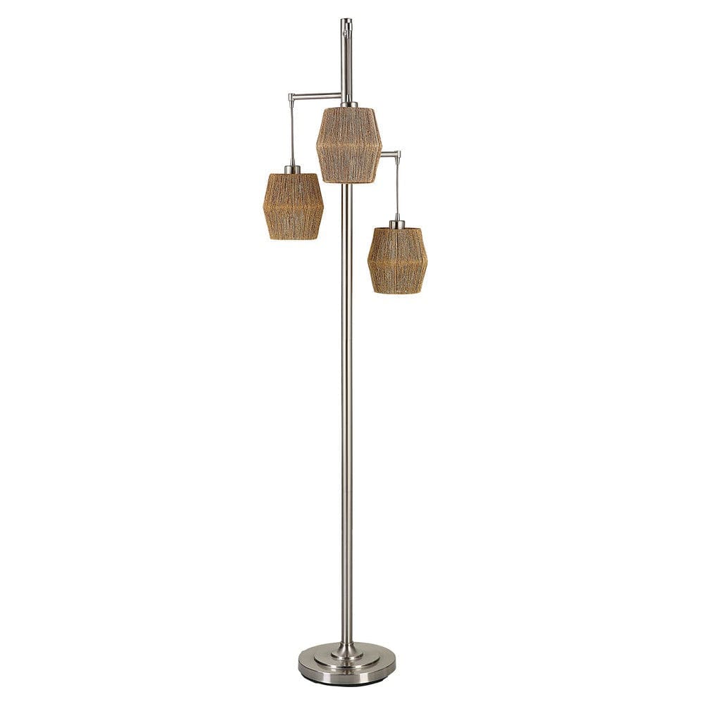 73 Inch Metal Floor Lamp, Three Drum Shaped Rope Shades, Silver, Brown By Casagear Home