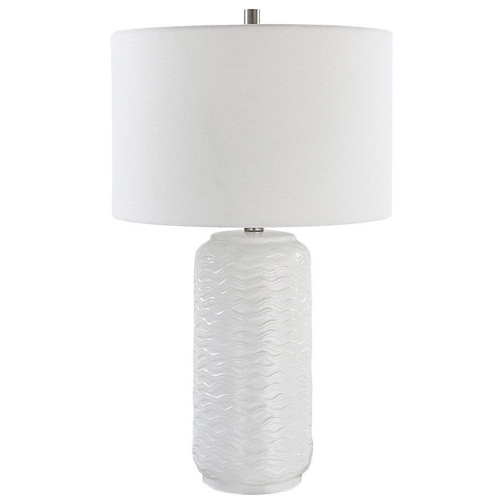 27 Inch Ceramic Table Lamp, Wavy Texture, Silver, White By Casagear Home