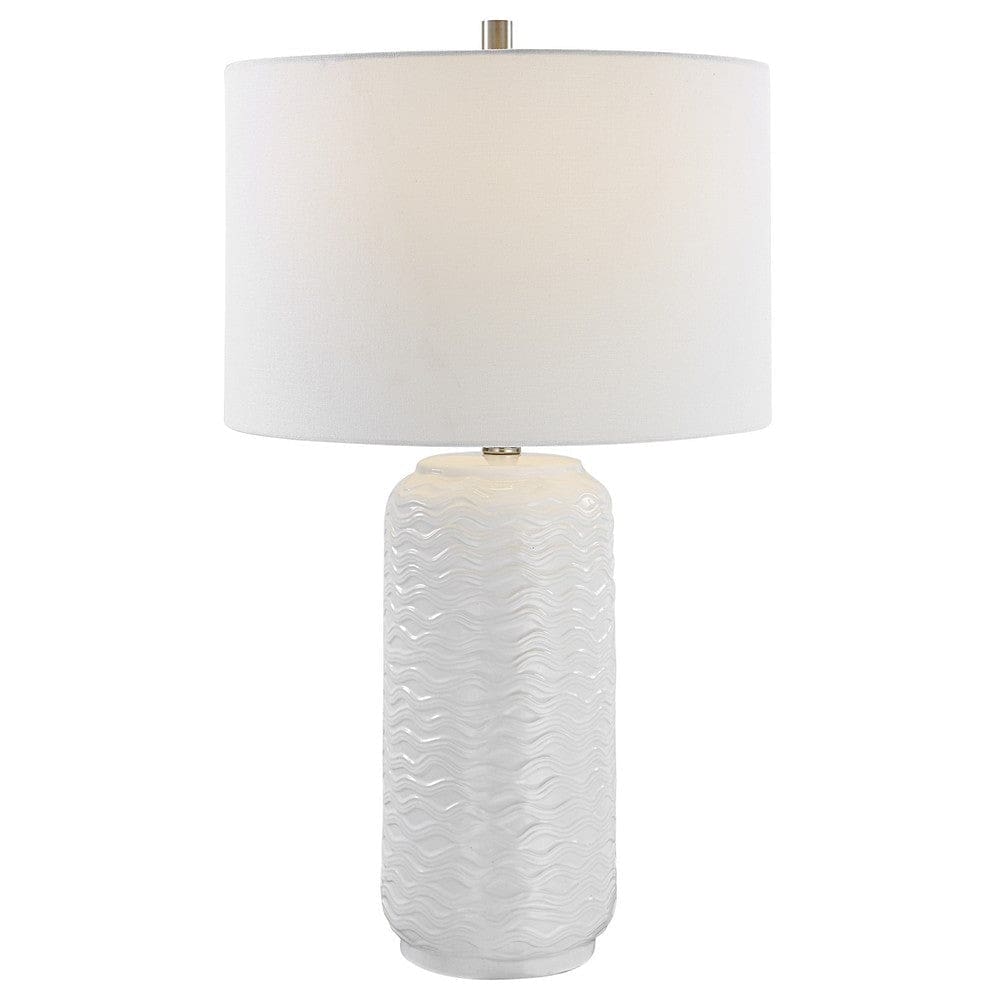 27 Inch Ceramic Table Lamp Wavy Texture Silver White By Casagear Home BM277032