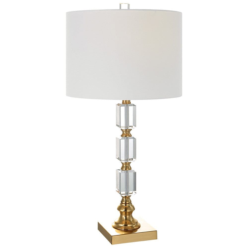 29 Inch Metal Table Lamp, Stacked Crystals, Antique Brass, White By Casagear Home