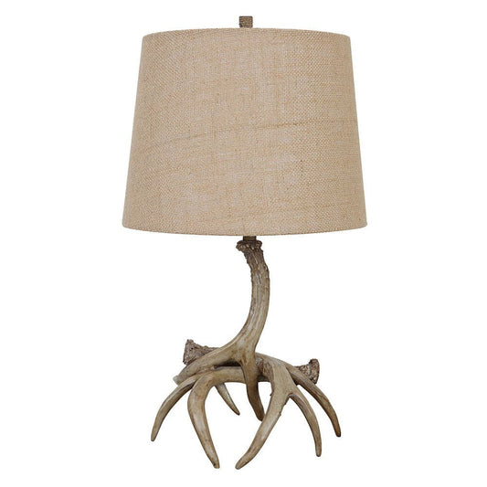 22 Inch Polyresin Table Lamp, Antlers, Burlap Shade, Beige By Casagear Home