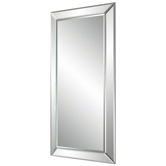 48 Inch Wood Rectangular Mirror, Mirrored Frame, Beveled Panels, Silver By Casagear Home