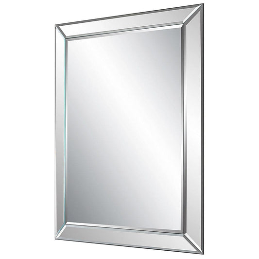 39 Inch Wood Mirror, Mirrored Frame, Beveled Panels, Silver By Casagear Home
