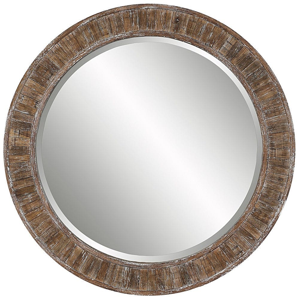 34 Inch Wood Round Wall Mirror, Weathered Finish, Brown By Casagear Home