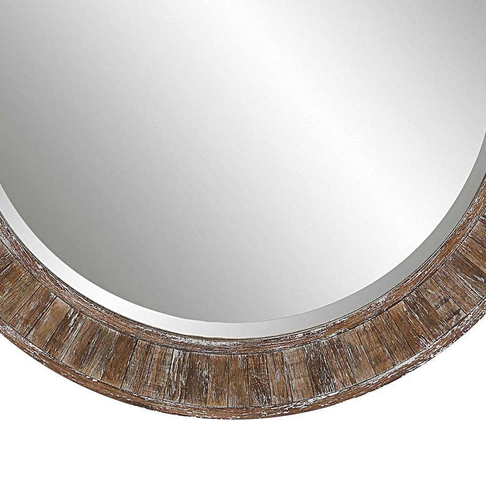34 Inch Wood Round Wall Mirror Weathered Finish Brown By Casagear Home BM277042