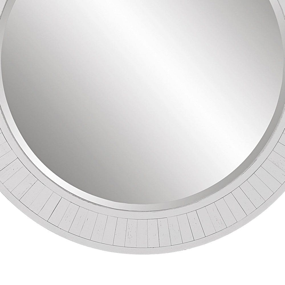34 Inch Wood Round Wall Mirror Weathered Finish White By Casagear Home BM277043