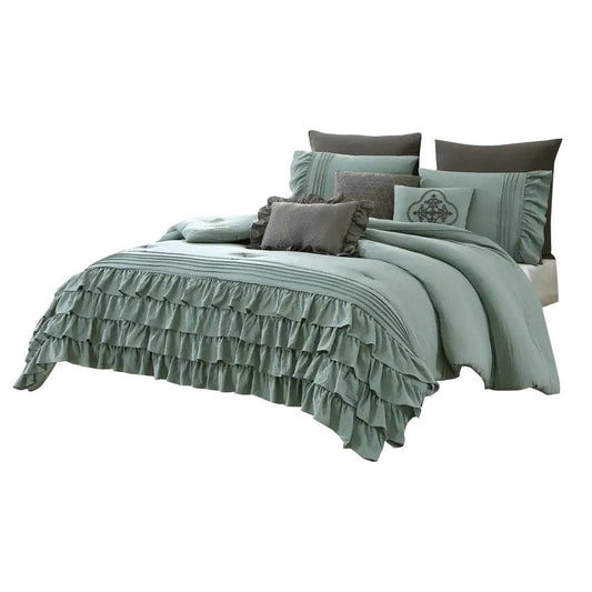 Tyler 8 Piece Ruffled King Size Comforter Set Green, Gray By Casagear Home