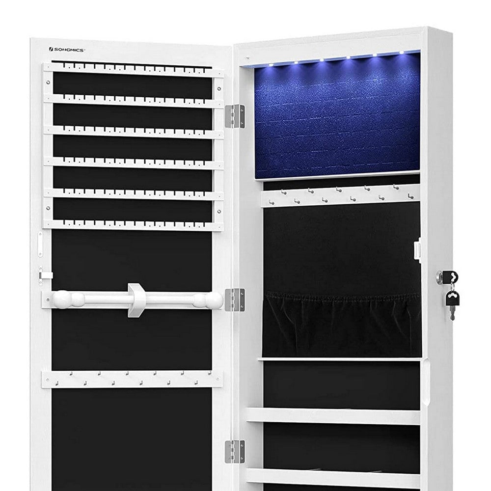 Max 47 Inch Wood Jewelry Cabinet Mirrored Door LED Lights White By Casagear Home BM277127