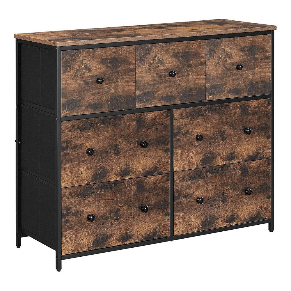 Doe 43 Inch 7 Drawer Dresser, Engineered Wood, Metal, Rustic Brown, Black By Casagear Home