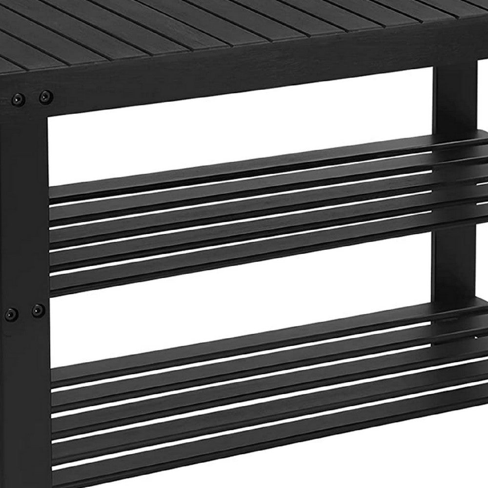 Roy 28 Inch Shoe Bench 2 Tier Storage Rack Bamboo Frame Black By Casagear Home BM277149