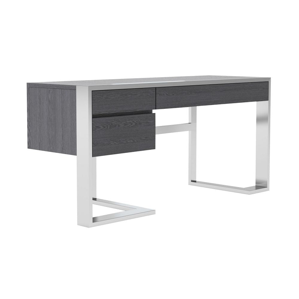 Cid Amy 63 Inch Modern Office Desk, 3 Drawers, Stainless Steel Base, Wood, Gray By Casagear Home