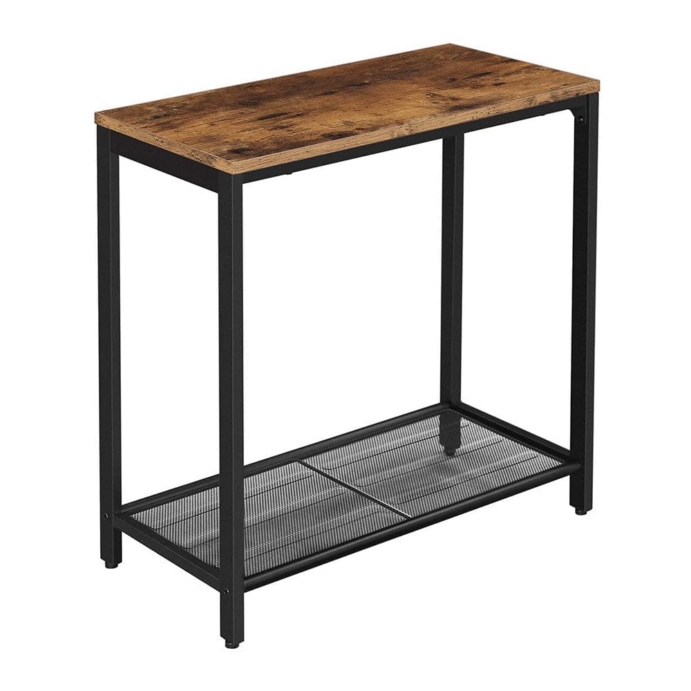 24 Inch Industrial End Table, Wood, Metal Frame, Mesh Shelf, Brown, Black By Casagear Home