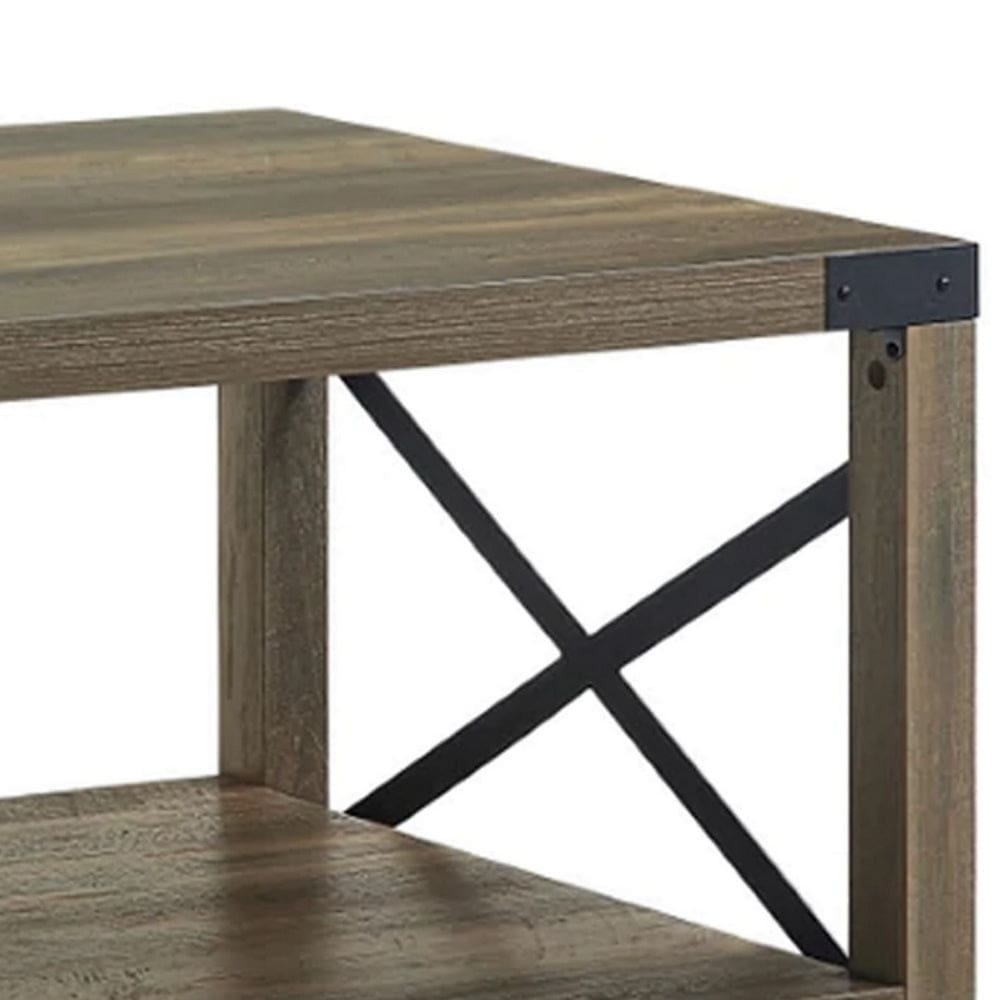 Eli 47 Inch Wood Coffee Table Metal Brackets Cross Bars Rustic Oak Brown By Casagear Home BM278980