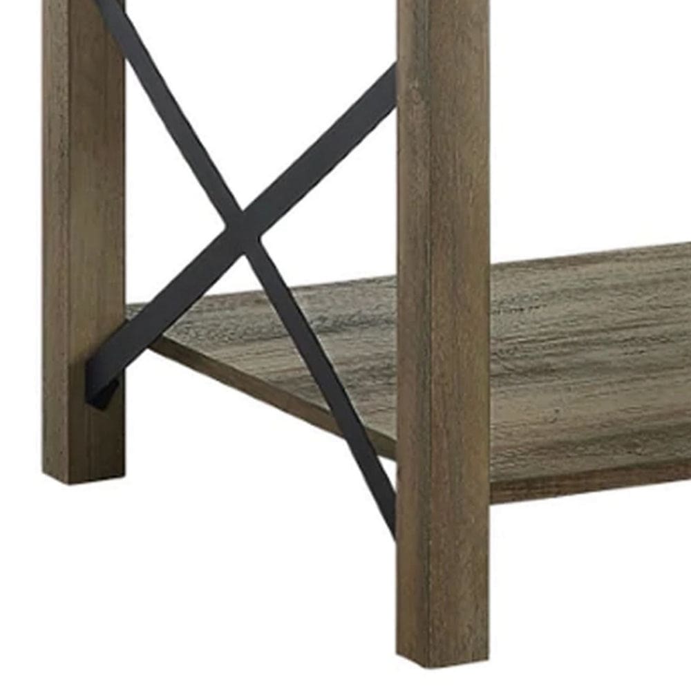 Eli 47 Inch Wood Coffee Table Metal Brackets Cross Bars Rustic Oak Brown By Casagear Home BM278980