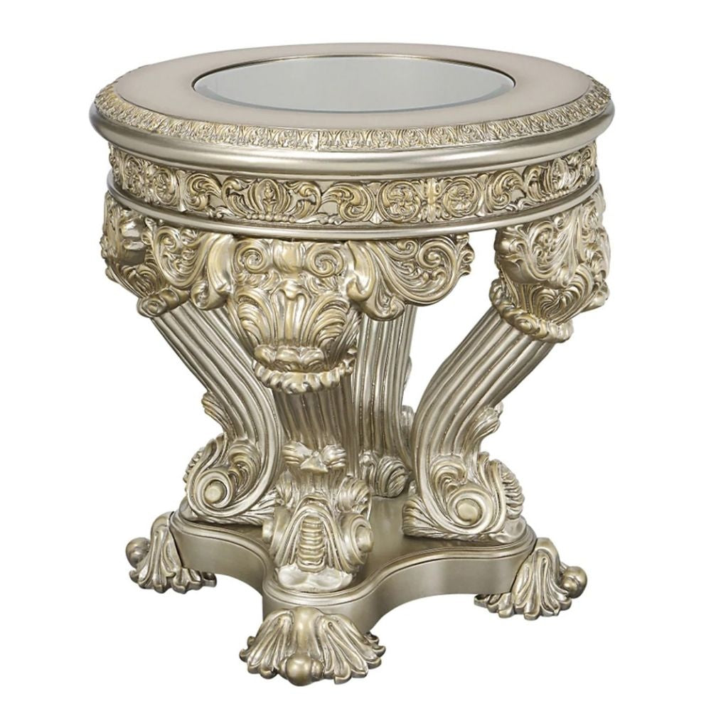 Abel 33 Inch Round End Table, Opulent Floral Carved Base, Champagne By Casagear Home