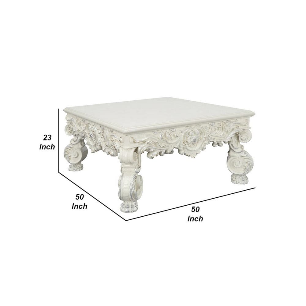 Ataa 50 Inch Square Coffee Table Ornate Floral Carvings Claw Feet White By Casagear Home BM279003