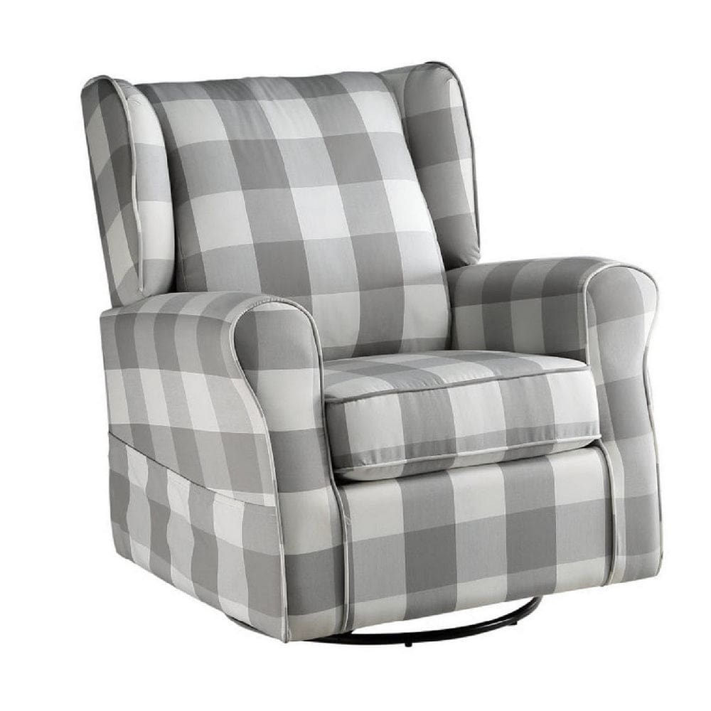 35 Inch Accent Swivel Chair, Glider, Checkered Fabric, Light Gray By Casagear Home