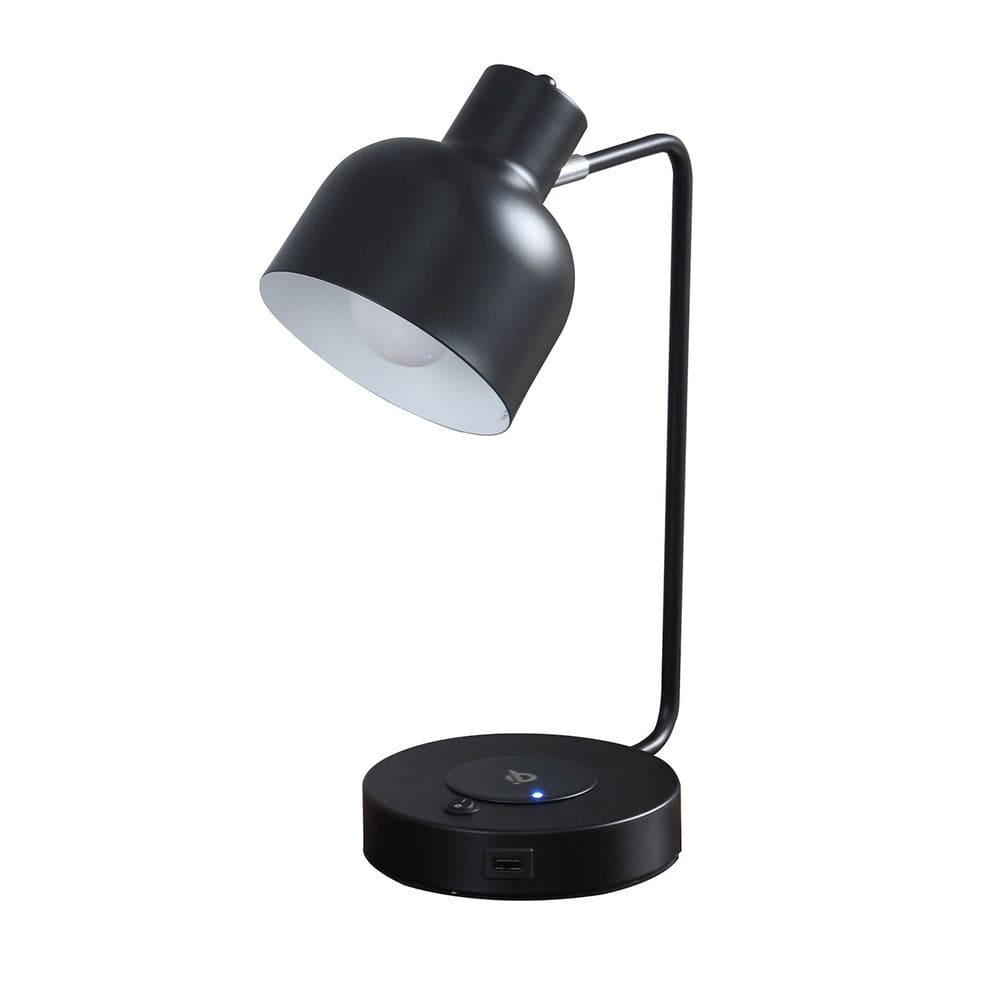 15 Inch Metal Table Lamp, Adjustable Shade, Wireless Charging, Black By Casagear Home