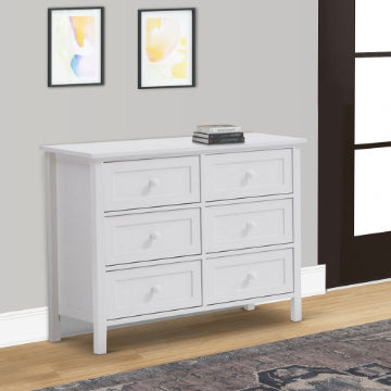 Mio 39 Inch 6 Drawer Dresser, Solid Wood, Molded Trim, Glossy White By Casagear Home