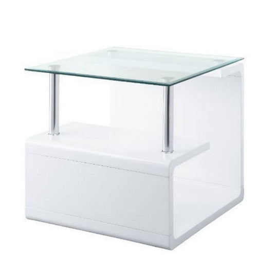 24 Inch Square Accent End Table, Glass Top, Open Shelf, White, Chrome By Casagear Home