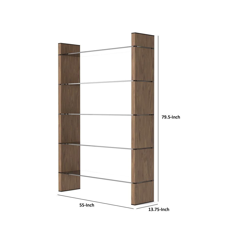 Cid 80 Inch Modern Bookcase 5 Glass Shelves Wood Side Panels Walnut By Casagear Home BM279521