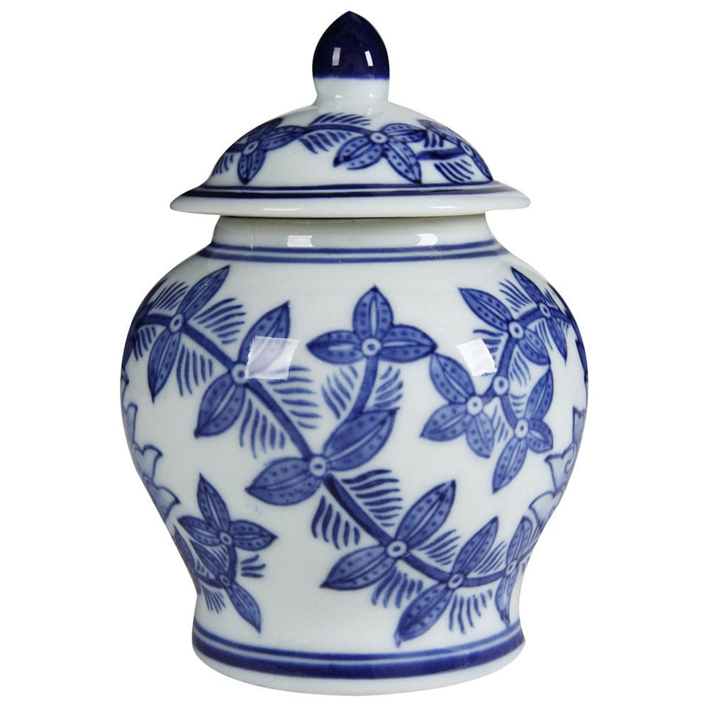 6 Inch Porcelain Jar, Urn Shape, Lid, Floral Design, Blue, White By Casagear Home