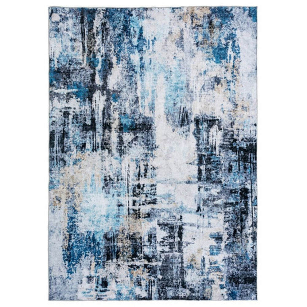 Rue 7 x 5 Medium Soft Fabric Floor Area Rug, Washable, Abstract Blue and White Design By Casagear Home