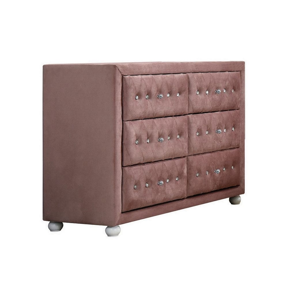Rex 40 Inch Modern Upholstered Dresser, 6 Drawers, Crystal Handles, Pink By Casagear Home