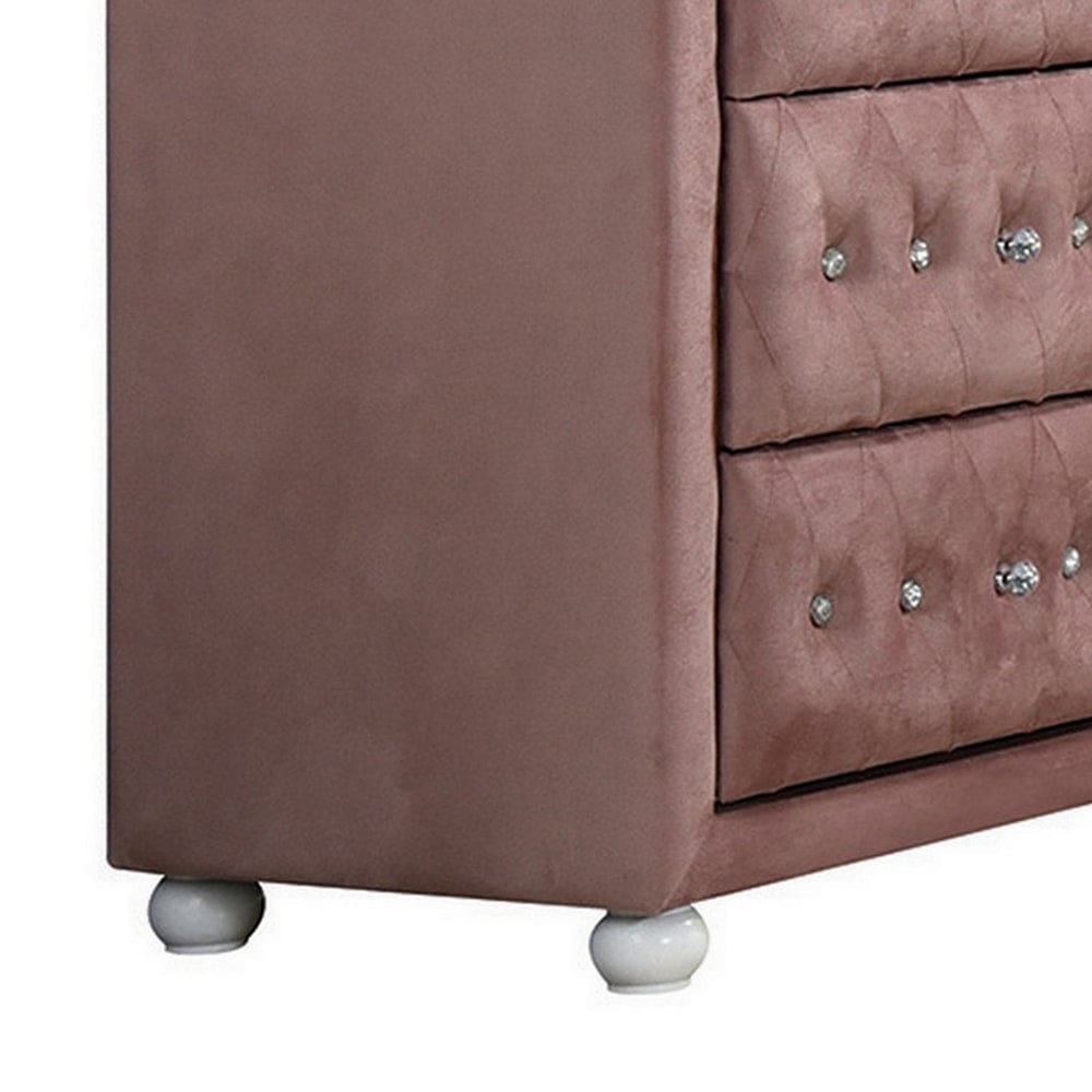 Rex 40 Inch Modern Upholstered Dresser 6 Drawers Crystal Handles Pink By Casagear Home BM279728